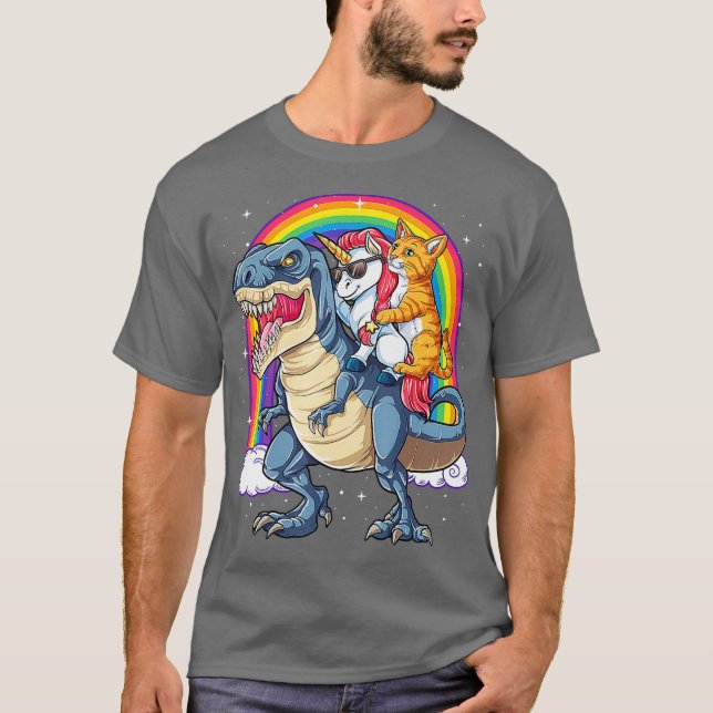 Camiseta Cat Unicorn Andando Dinossauro T rex Kitten Lover (Frente)
