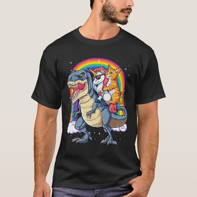 Camiseta Cat Unicorn Andando Dinossauro T Rex Kitten Lover  (Frente)