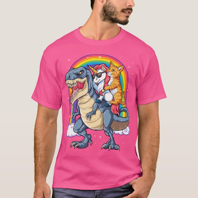 Camiseta Cat Unicorn Andando Dinossauro T Rex Kitten Lover  (Frente)