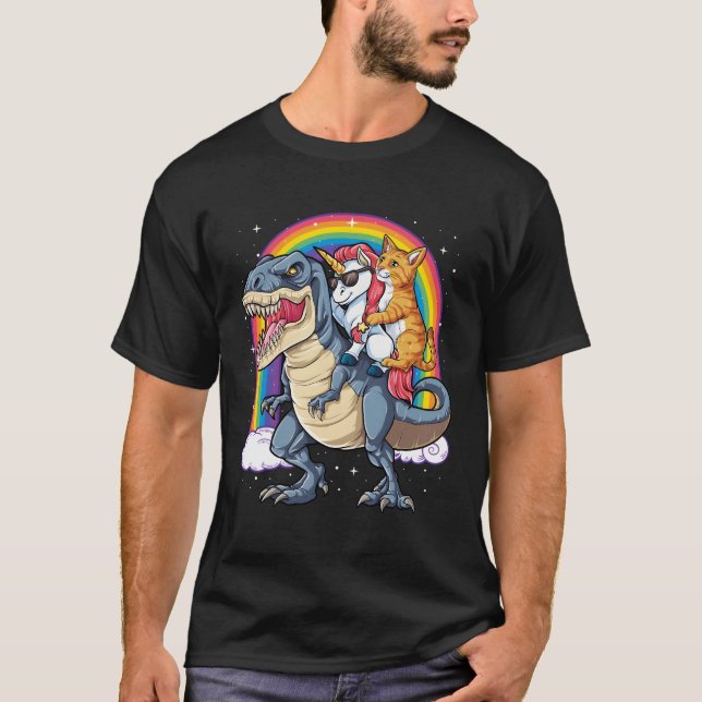 Camiseta Cat Unicorn Andando Dinossauro T Rex Kitten Space  (Frente)