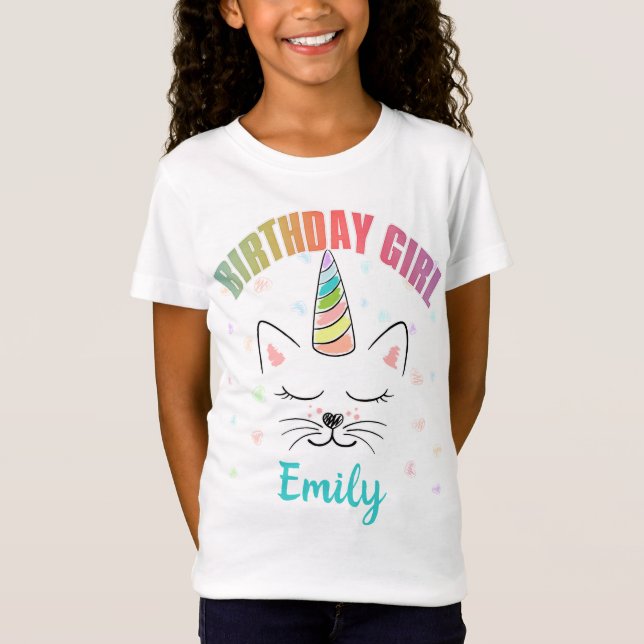 Camiseta Cat Unicorn Rainbow Birthday Girl Personalizada (Frente)