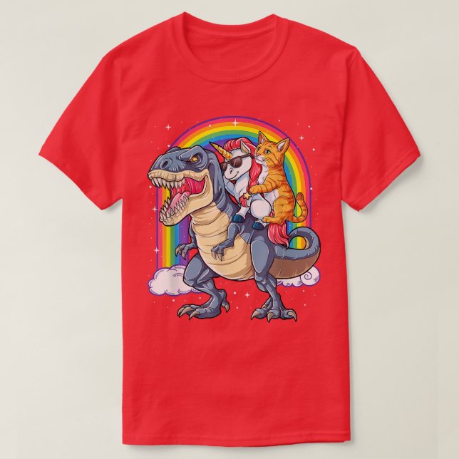 Camiseta Cat Unicorn Riding-Dinosaur T rex Kitten Lover Spa (Frente do Design)