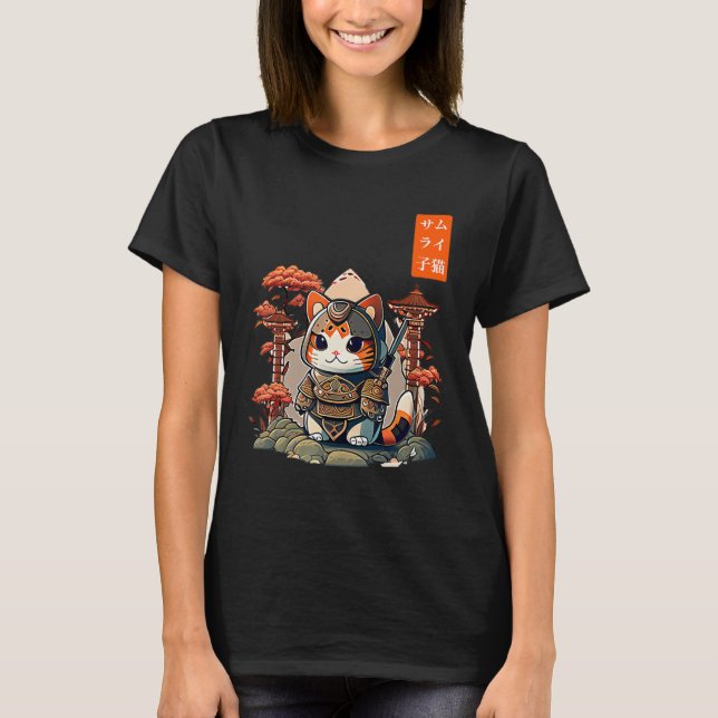 Camiseta Cat Warrior Japonês Escrevendo Anime Art para kawa (Frente)