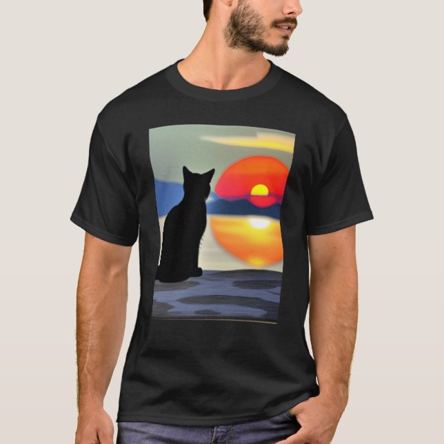 Camiseta Cat Watching Sunset scene Black Cat Sunset (Frente)