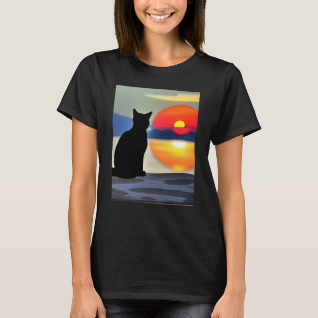 Camiseta Cat Watching Sunset scene Black Cat Sunset (Frente)