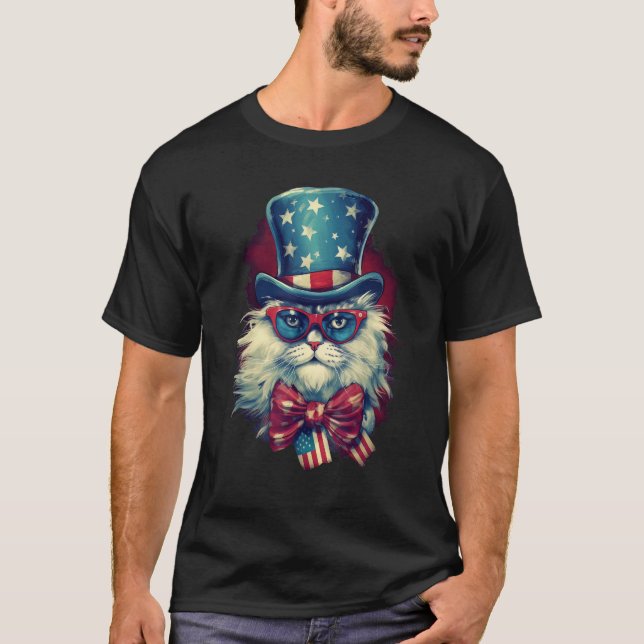 Camiseta Cat Wear Sunglasses American Flag  4th Of July Cos (Frente)