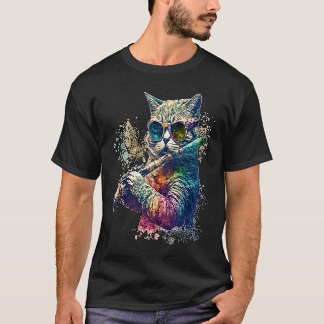 Camiseta Cat Wearing Sunglasses Playing Flute Colorful Tank (Frente)