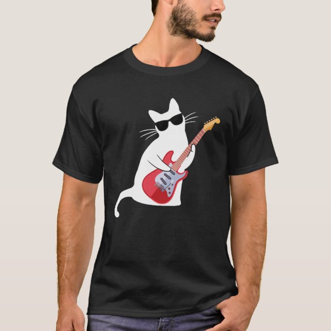 Camiseta Cat Wearing Sunglasses Playing Guitar Bass (Frente)
