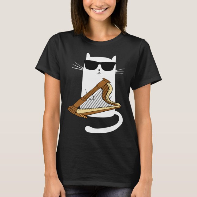 Camiseta Cat Wearing Sunglasses Playing Harp (Frente)