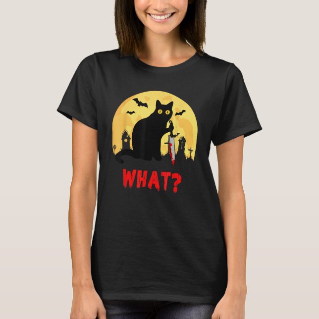 Camiseta Cat What Halloween Black Cat com Faca - Engraçado  (Frente)