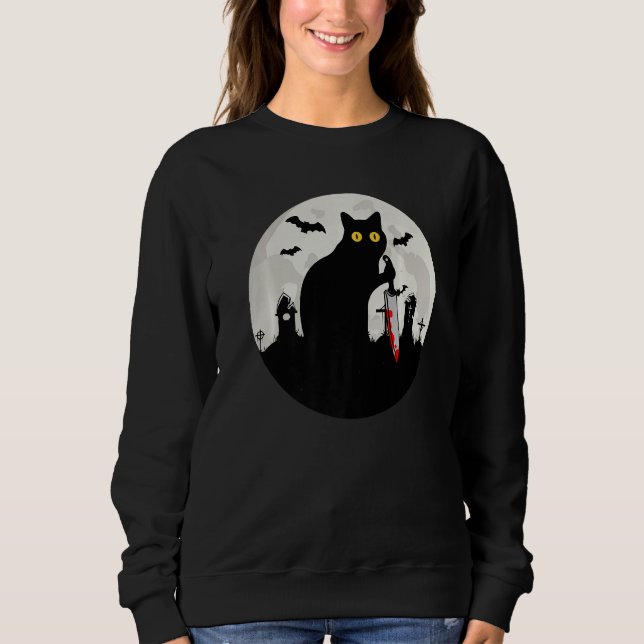 Camiseta Cat What Halloween Black Cat with Knife   What Cat (Frente)