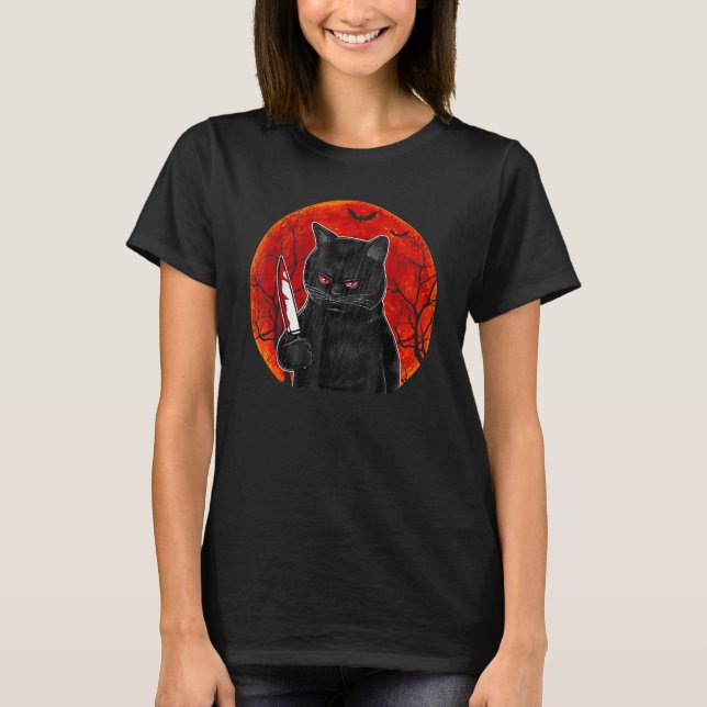 Camiseta Cat What  Murderous Black Cat With Knife Halloween (Frente)
