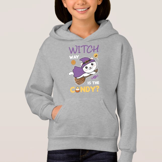 Camiseta Cat Witch Witch Way Is The Candy Happy Halloween (Frente)
