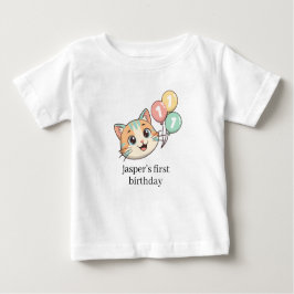 Camiseta Cat with 3 Blue Balloons 1st Birthday 