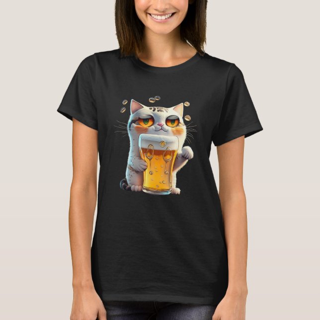 Camiseta Cat With Beer Drinking Party  Dad Mom From Son Dau (Frente)