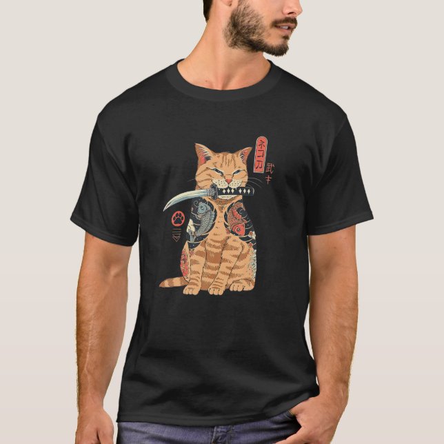 Camiseta Cat Yakuza Cat Samurai Cat Tattoo Style Japão Anim (Frente)