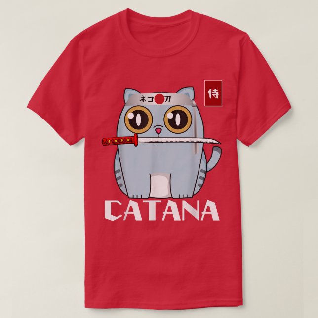 Camiseta Catana Cat com Katana Cute Japonês Samurai Cat O (Frente do Design)