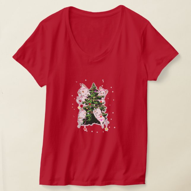 Camiseta cats climbing and decorating a Christmas tree  (Postura )