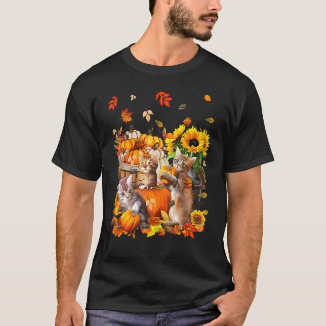 Camiseta Cats Fall Autumn Pumpkins Thanksgiving Matching Su (Frente)