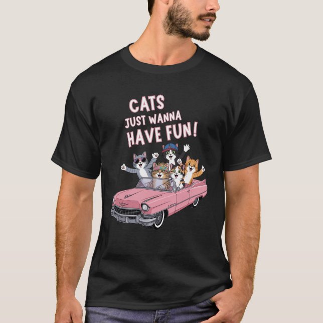 Camiseta Cats Just Wanna Have Fun – Cats in Pink Cadillac (Frente)