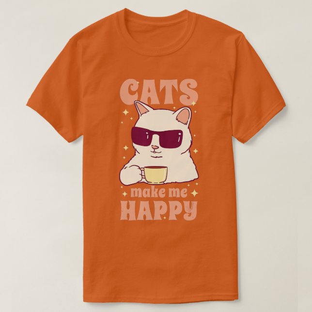 Camiseta Cats Make Me Happy Coffee Drinking Sunglasses Kitt (Frente do Design)