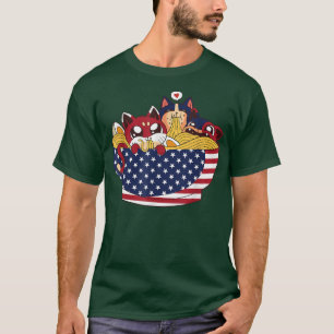Camiseta Cats Ramen Anime American Flag USA 4 De Julho Fou