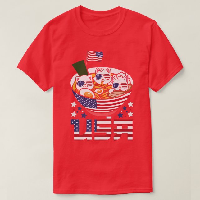 Camiseta Cats Ramen Anime American Flag USA 4th of July shi (Frente do Design)