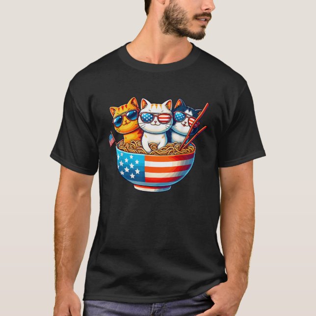 Camiseta Cats Ramen Anime American Flag USA Funny 4th Da Ju (Frente)