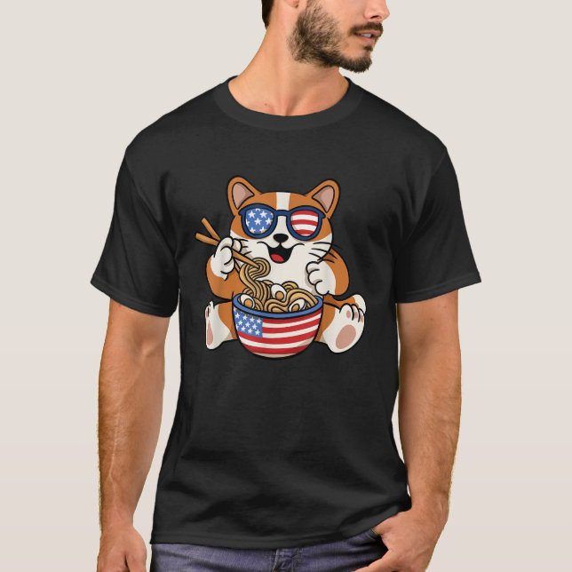 Camiseta Cats Ramen Anime American Flag USA Funny 4th Da Ju (Frente)