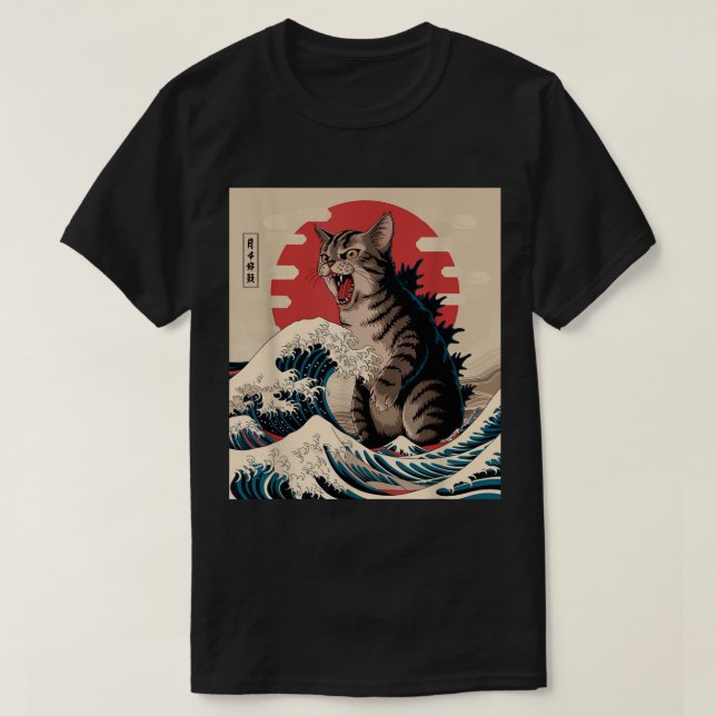 Camiseta Catzilla Art Japonês Ondas de Gatos (Frente do Design)
