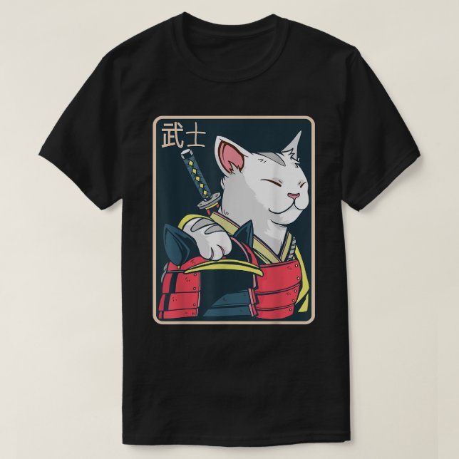 Camiseta Catzilla - Arte de Gato Japonês - Espada Katana -  (Frente do Design)