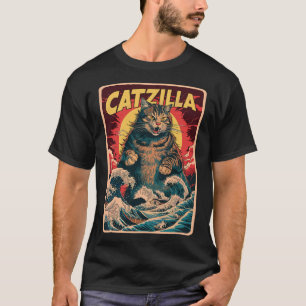 Camiseta Catzilla Arte Japonês Gato Engraçado Gráfico Vinta