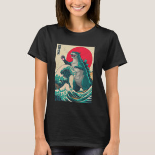 Camiseta Catzilla Cat Arte Japonesa Vintage Engraçado Gato