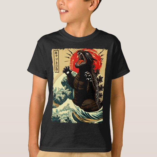 Camiseta Catzilla Divertido Estilo Japonês  (Frente)