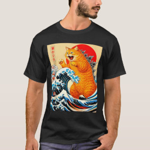 Camiseta Catzilla gato laranja arte japonesa para homens mu