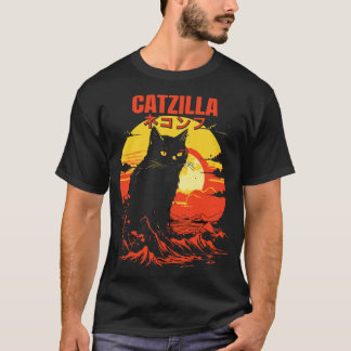 Camiseta Catzilla Japan Kanji Retro Mountain Sunset Cat
