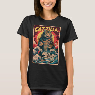 Camiseta Catzilla Japonês Art Funny Cat Vintage Graphic