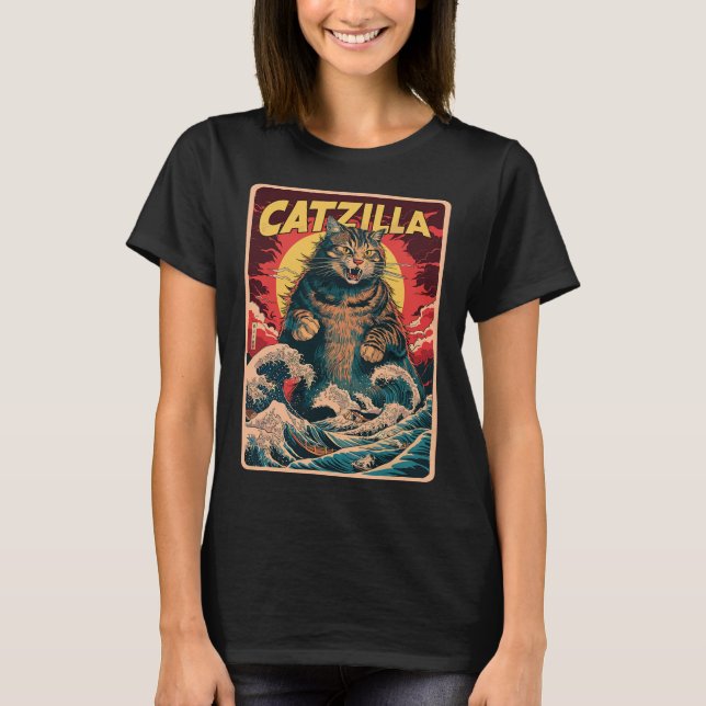 Camiseta Catzilla Japonês Art Funny Cat Vintage Graphic (Frente)