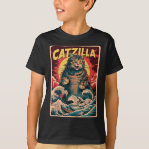 Camiseta Catzilla Japonês Art Funny Cat Vintage Graphic