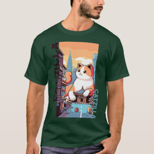 Camiseta Catzilla Japonês Funny Cat Kawaii Parody Vintage