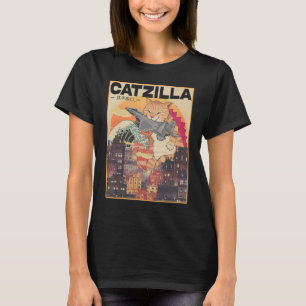 Camiseta Catzilla Vintage Engraçado Gato Arte Japonesa