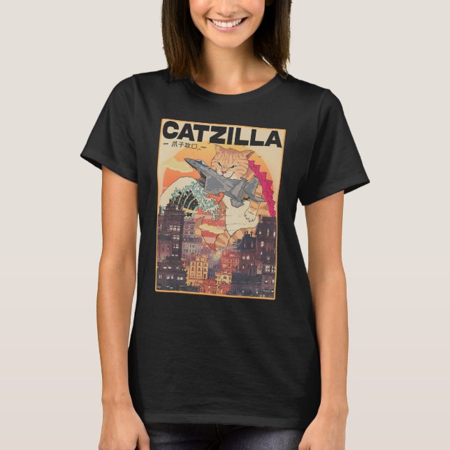 Camiseta Catzilla Vintage Engraçado Gato Arte Japonesa (Frente)