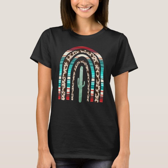 Camiseta Caubói Country Texas Mulheres Cacto Arco-íris (Frente)