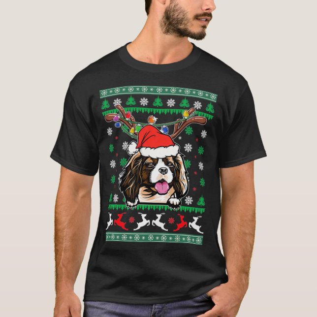 Camiseta Cavaleiro de Natal Feio Rei Charles Spaniel Reind (Frente)