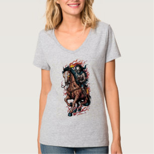Camiseta Cavaleiro Esqueleto Flamejante em um Cavalo Galopa