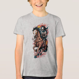 Camiseta Cavaleiro Esqueleto Flamejante em um Cavalo Galopa