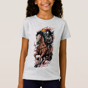 Camiseta Cavaleiro Esqueleto Flamejante em um Cavalo Galopa
