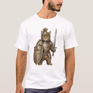Camiseta Cavaleiro Gato Real em Armadura Dourada