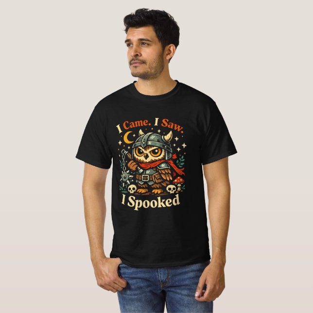 Camiseta Cavaleiro Medieval de Coruja - Eu Vim Eu Vi Eu Ame (Frente Completa)