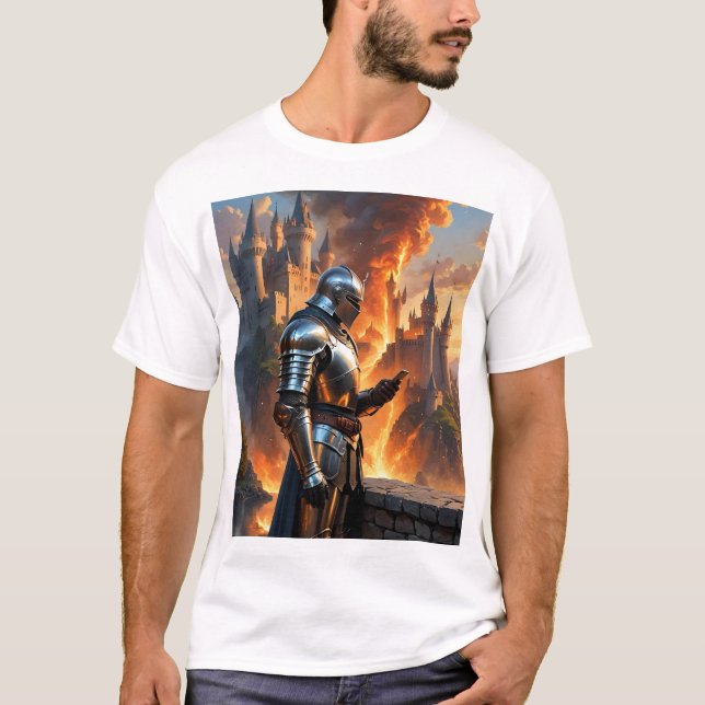 Camiseta Cavaleiro Medieval, Funny Castle Fire Fantasy Art  (Frente)